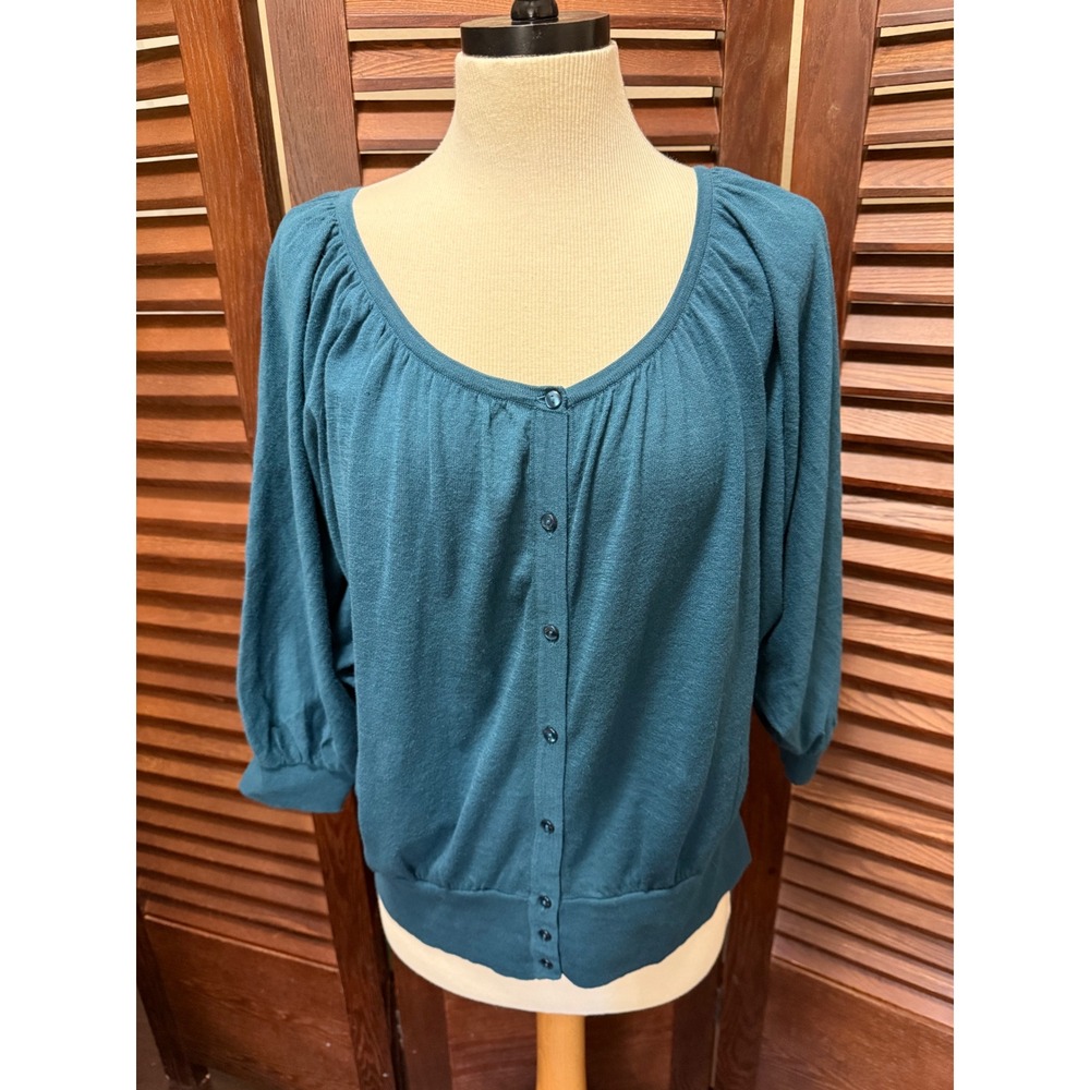 ELLE Womens Teal Knit Cardigan Top 3/4 Sleeve Button Front Scoop Neck Small